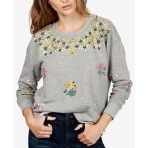 Lucky Brand Embroidered Floral Flower Gardens Jersey Sweatshirt Sz M